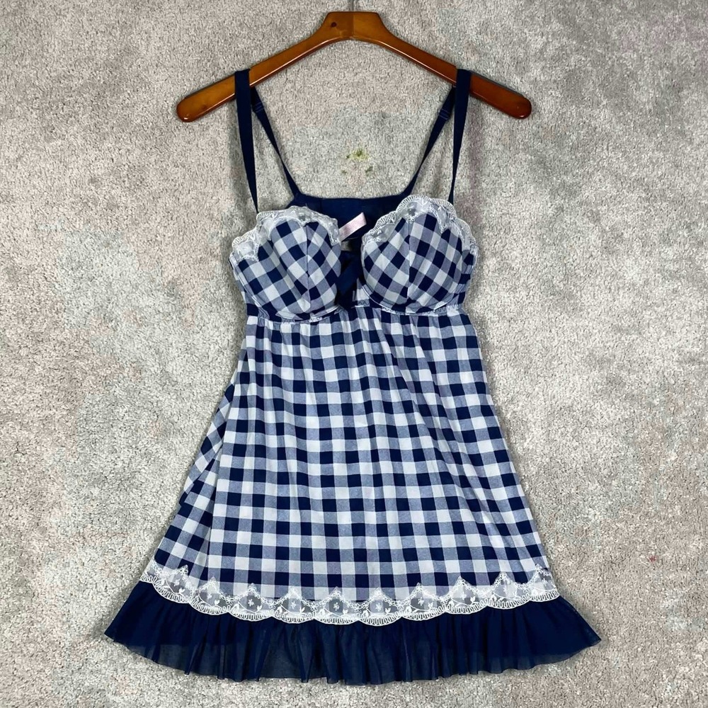 Cacique Babydoll Chemise Womens 14/16 Blue Gingham Lace Trim Ruffle Hem Lingerie